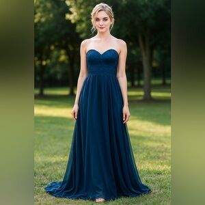 LeGala Detailed Beaded Strapless Navy Blue Gown